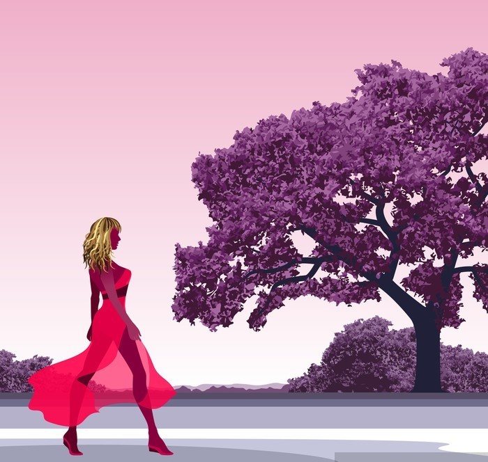 vinilos-senora-en-traje-rosa-caminar-en-el-parque-conjunto-violeta